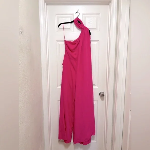 NWT REISS One-Shoulder Drape Wide-Leg Jumpsuit in Raspberry Pink - Picture 5 of 9